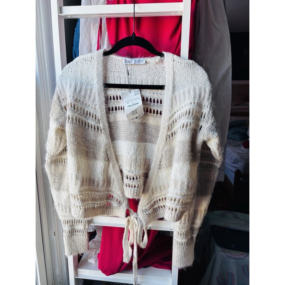 NWT Zara Textured Striped Wrap Sweater  Cream Cropped Cardigan Womens Medium